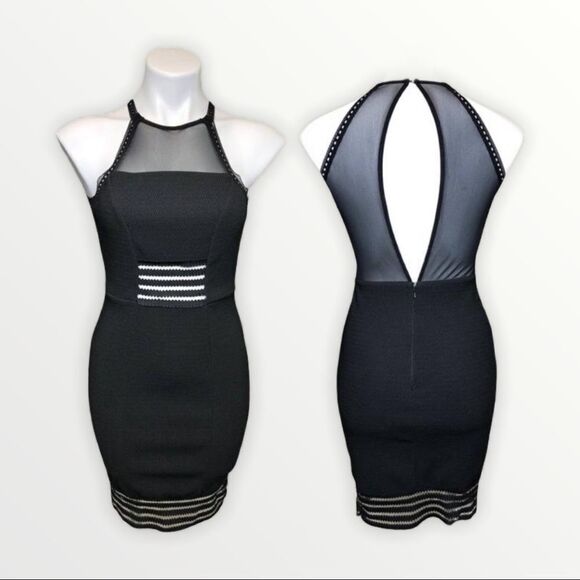 Topshop Black Dress Textured Keyhole back mesh detail Bodycon Sz 10 - Picture 1 of 13